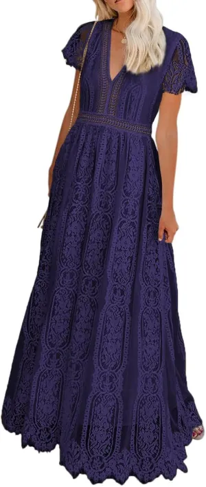 Bdcoco Women's V Neck Floral Lace Wedding Dress Short Sleeve Bridesmaid Evening Party Maxi Dress
