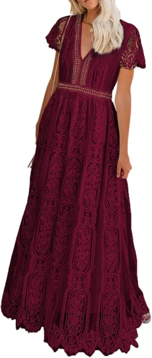 Bdcoco Women's V Neck Floral Lace Wedding Dress Short Sleeve Bridesmaid Evening Party Maxi Dress