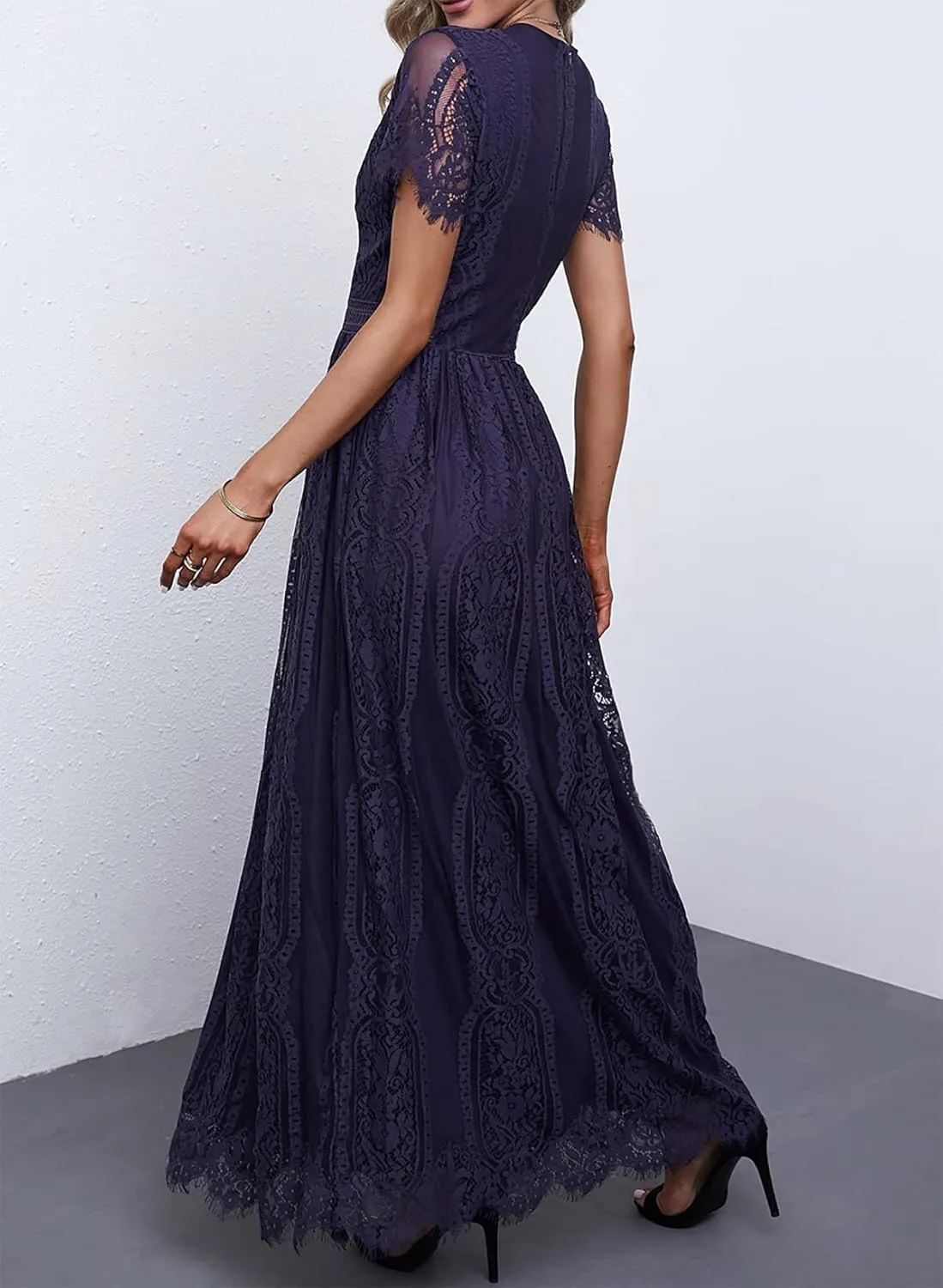 Bdcoco Women's V Neck Floral Lace Wedding Dress Short Sleeve Bridesmaid Evening Party Maxi Dress