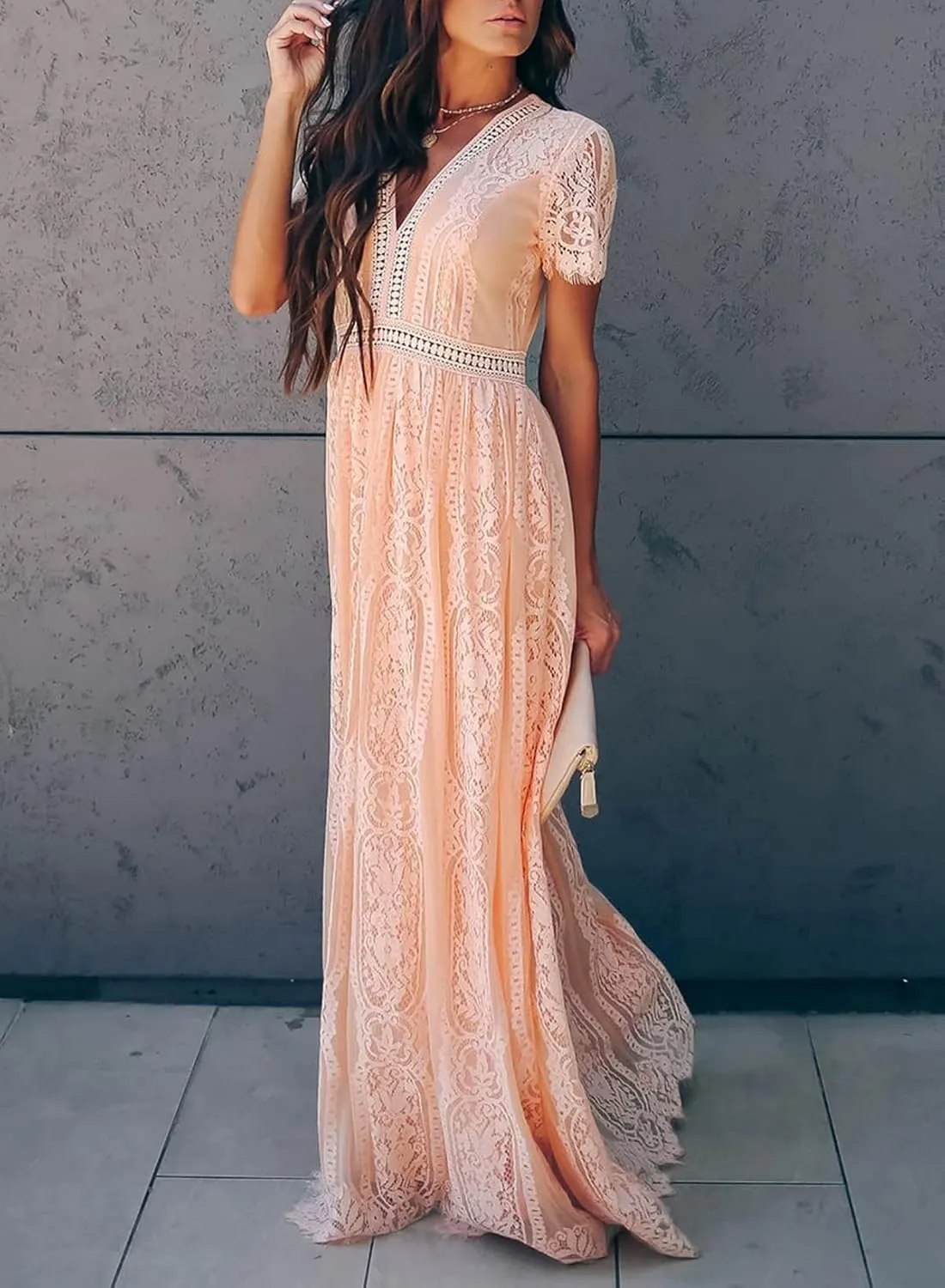 Bdcoco Women's V Neck Floral Lace Wedding Dress Short Sleeve Bridesmaid Evening Party Maxi Dress