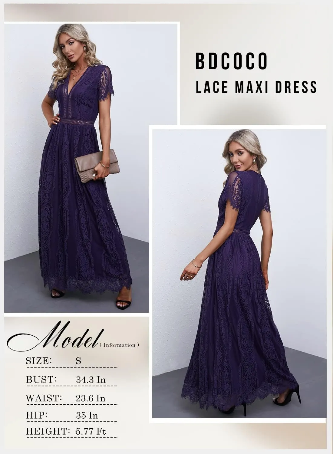 Bdcoco Women's V Neck Floral Lace Wedding Dress Short Sleeve Bridesmaid Evening Party Maxi Dress