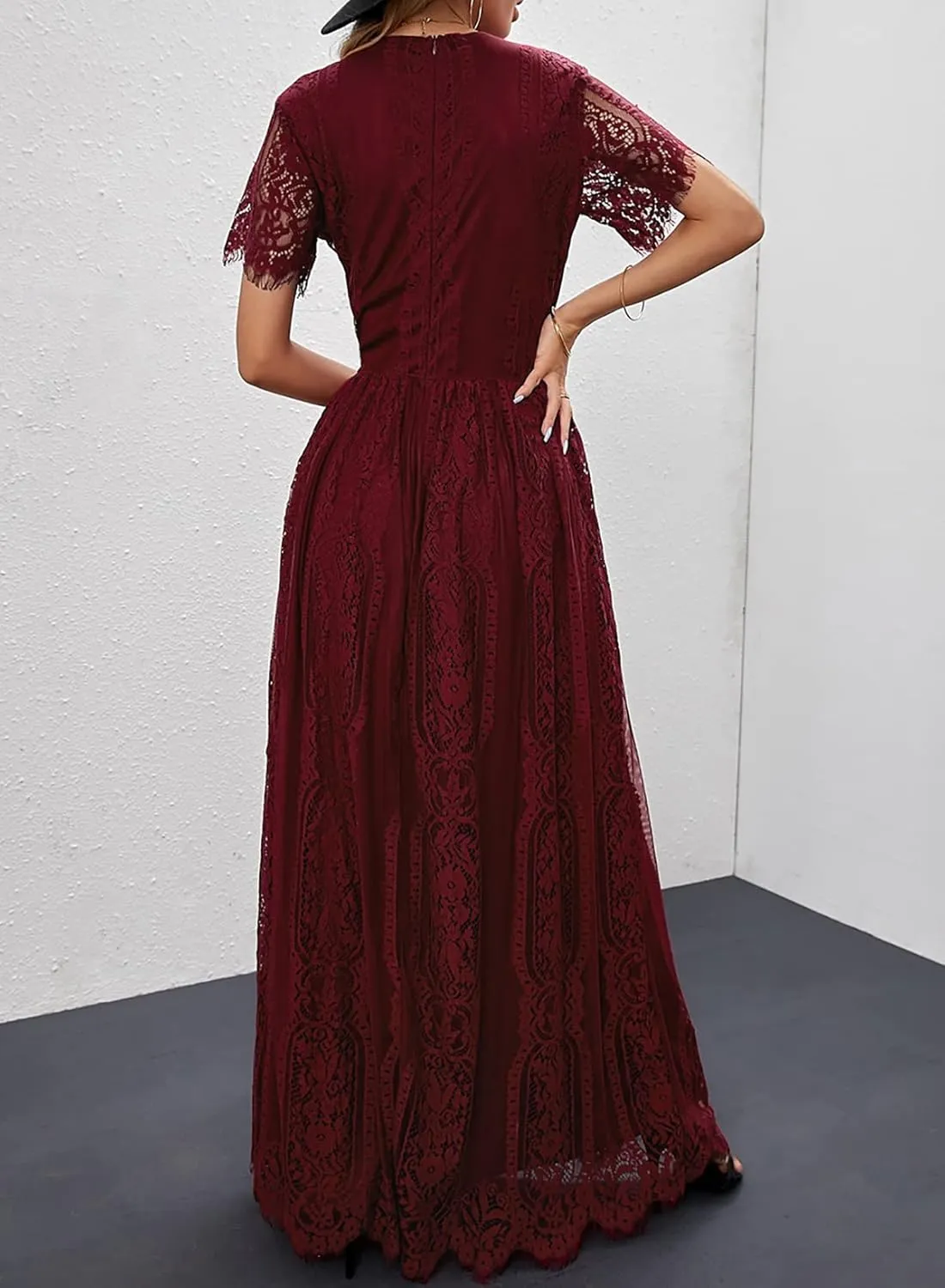 Bdcoco Women's V Neck Floral Lace Wedding Dress Short Sleeve Bridesmaid Evening Party Maxi Dress