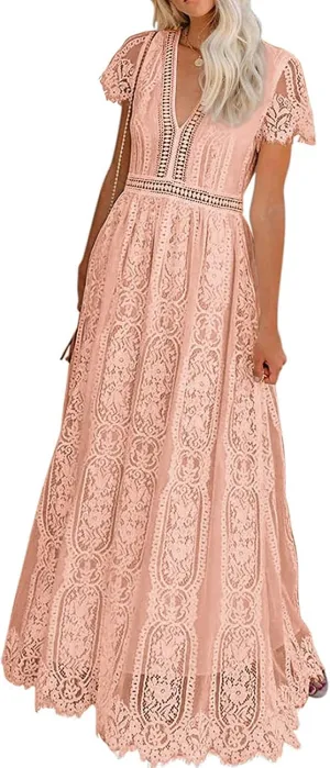 Bdcoco Women's V Neck Floral Lace Wedding Dress Short Sleeve Bridesmaid Evening Party Maxi Dress