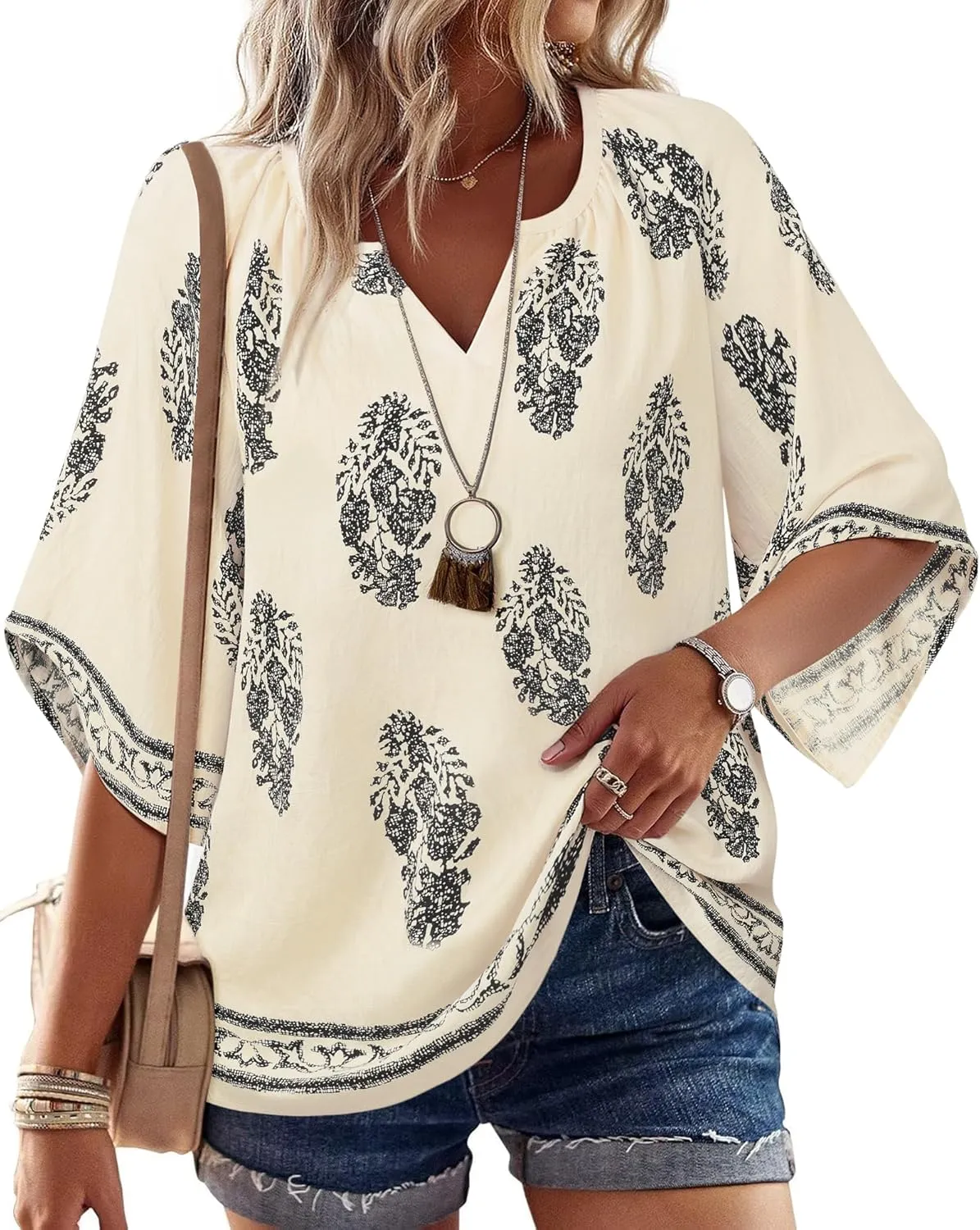 Bebonnie Womens 3/4 Sleeve V Neck Bohemian Peasant Blouses Casual Loose Fit Tunic Tops