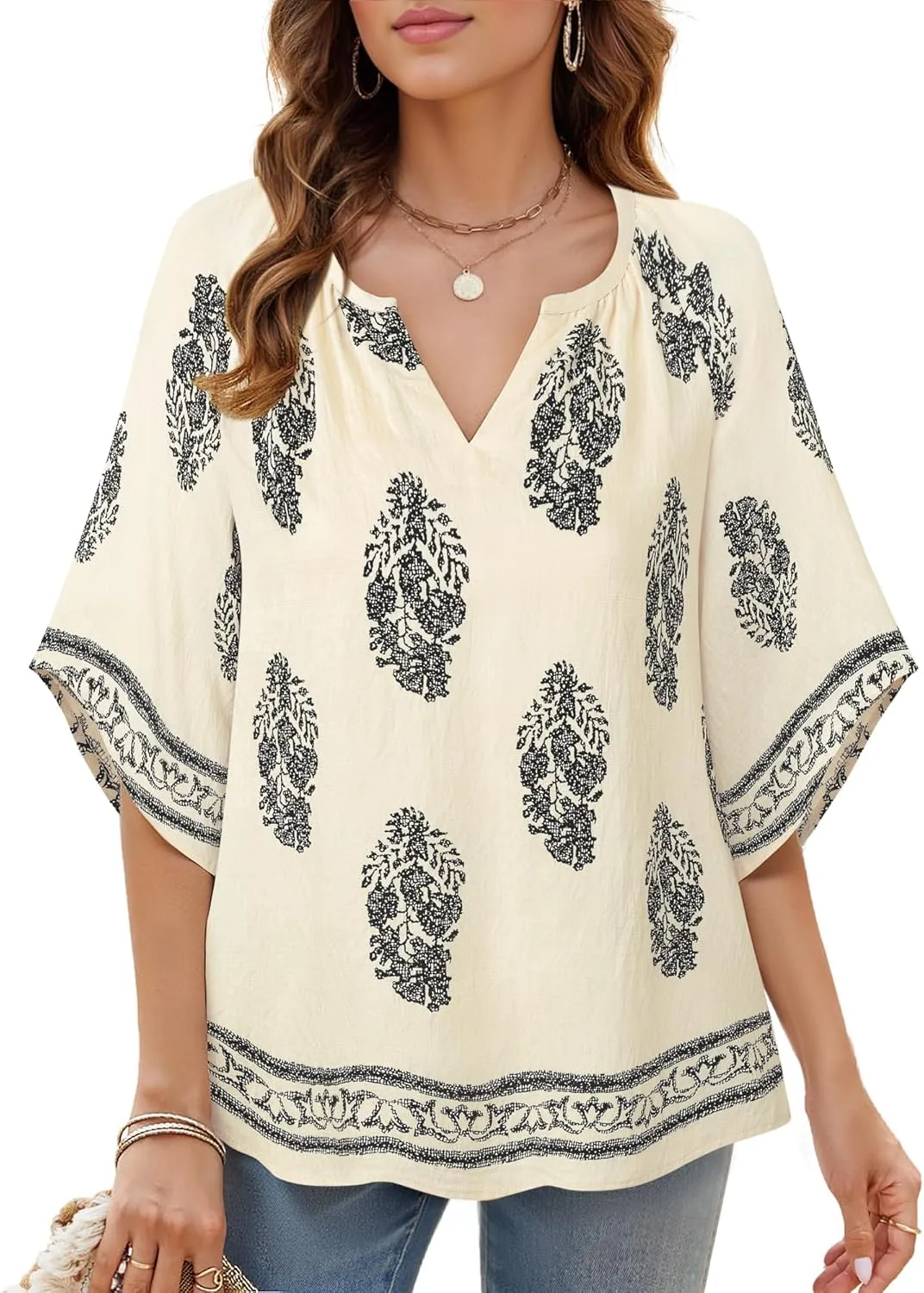 Bebonnie Womens 3/4 Sleeve V Neck Bohemian Peasant Blouses Casual Loose Fit Tunic Tops