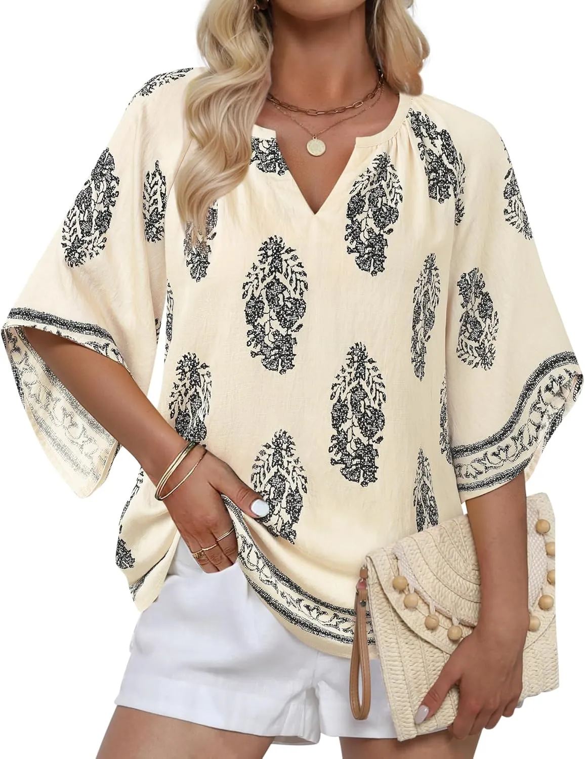 Bebonnie Womens 3/4 Sleeve V Neck Bohemian Peasant Blouses Casual Loose Fit Tunic Tops