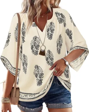 Bebonnie Womens 3/4 Sleeve V Neck Bohemian Peasant Blouses Casual Loose Fit Tunic Tops