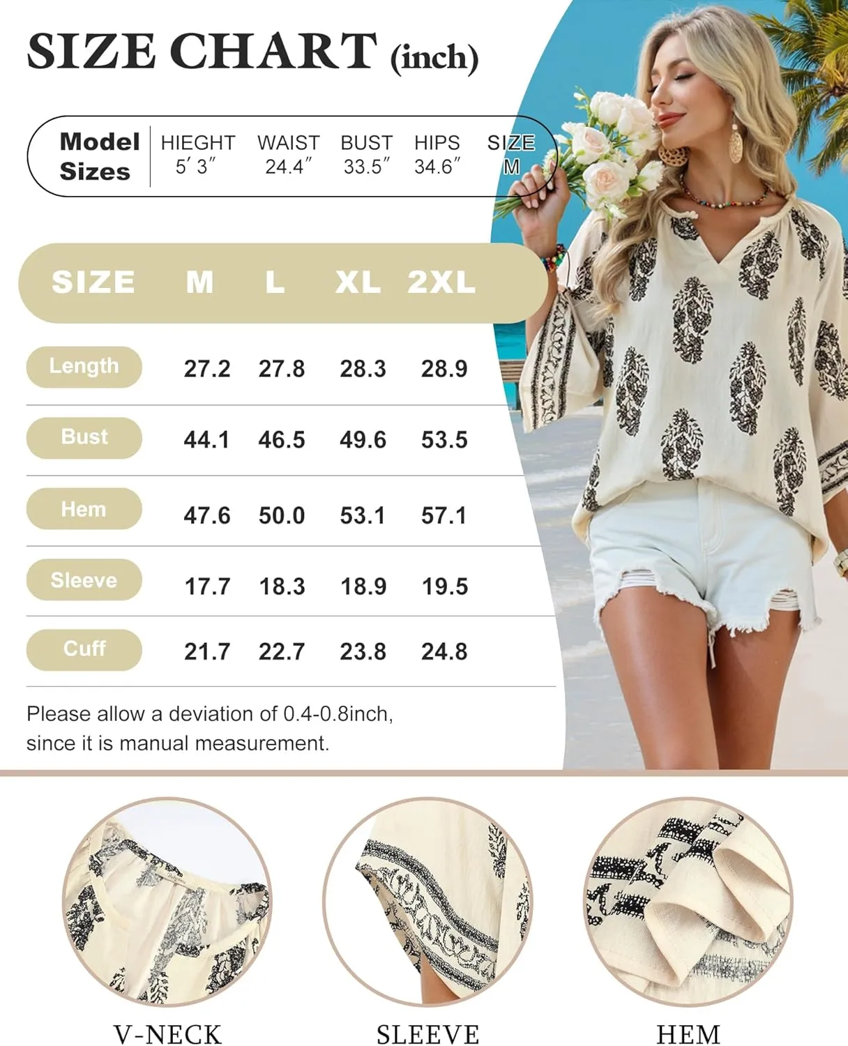 Bebonnie Womens 3/4 Sleeve V Neck Bohemian Peasant Blouses Casual Loose Fit Tunic Tops