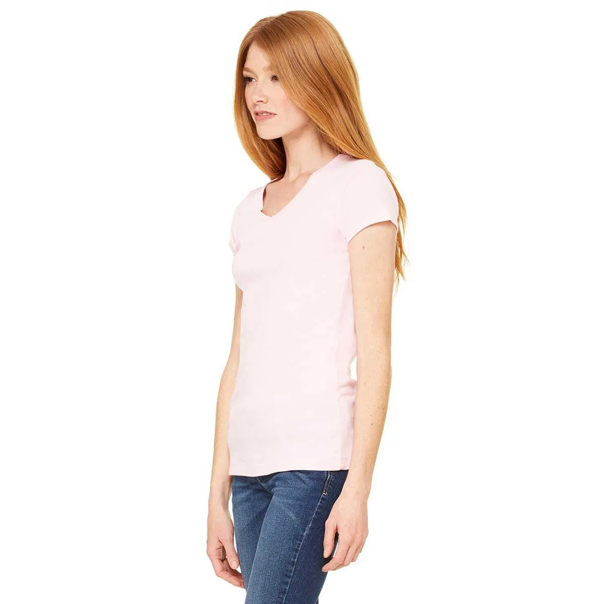 Bella   Canvas Women's Pink Stretch Rib Short-Sleeve V-Neck T-Shirt