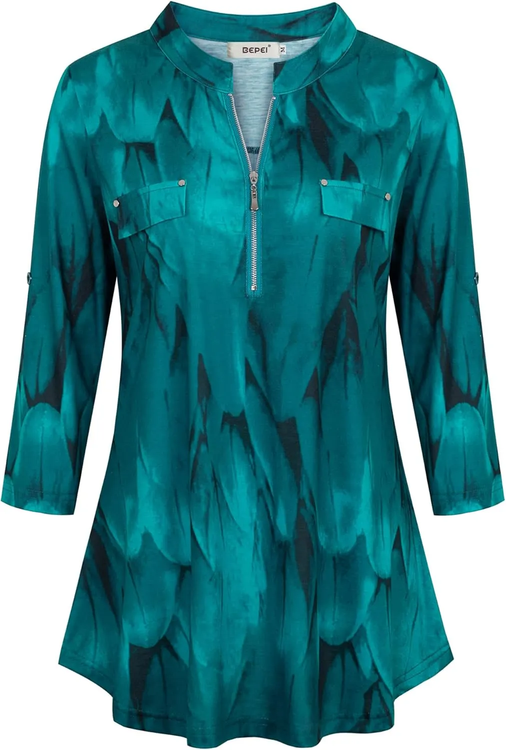 BEPEI Womens Floral 3/4 Sleeve Shirts Zip up V Neck Work Chiffon Blouses Top