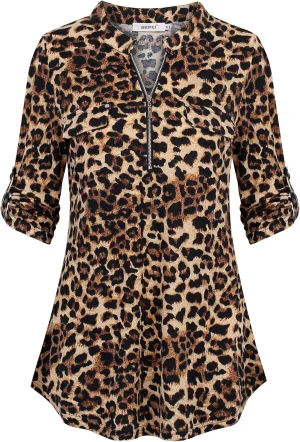 BEPEI Womens Floral 3/4 Sleeve Shirts Zip up V Neck Work Chiffon Blouses Top