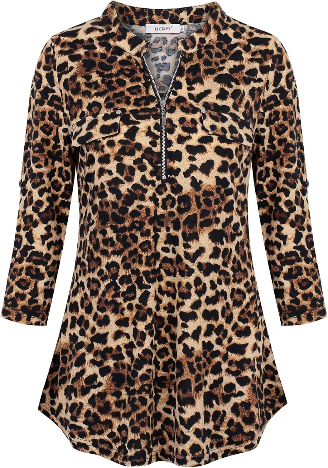 BEPEI Womens Floral 3/4 Sleeve Shirts Zip up V Neck Work Chiffon Blouses Top
