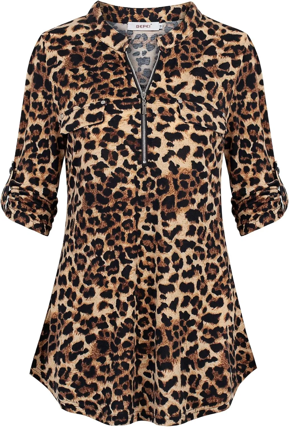 BEPEI Womens Floral 3/4 Sleeve Shirts Zip up V Neck Work Chiffon Blouses Top