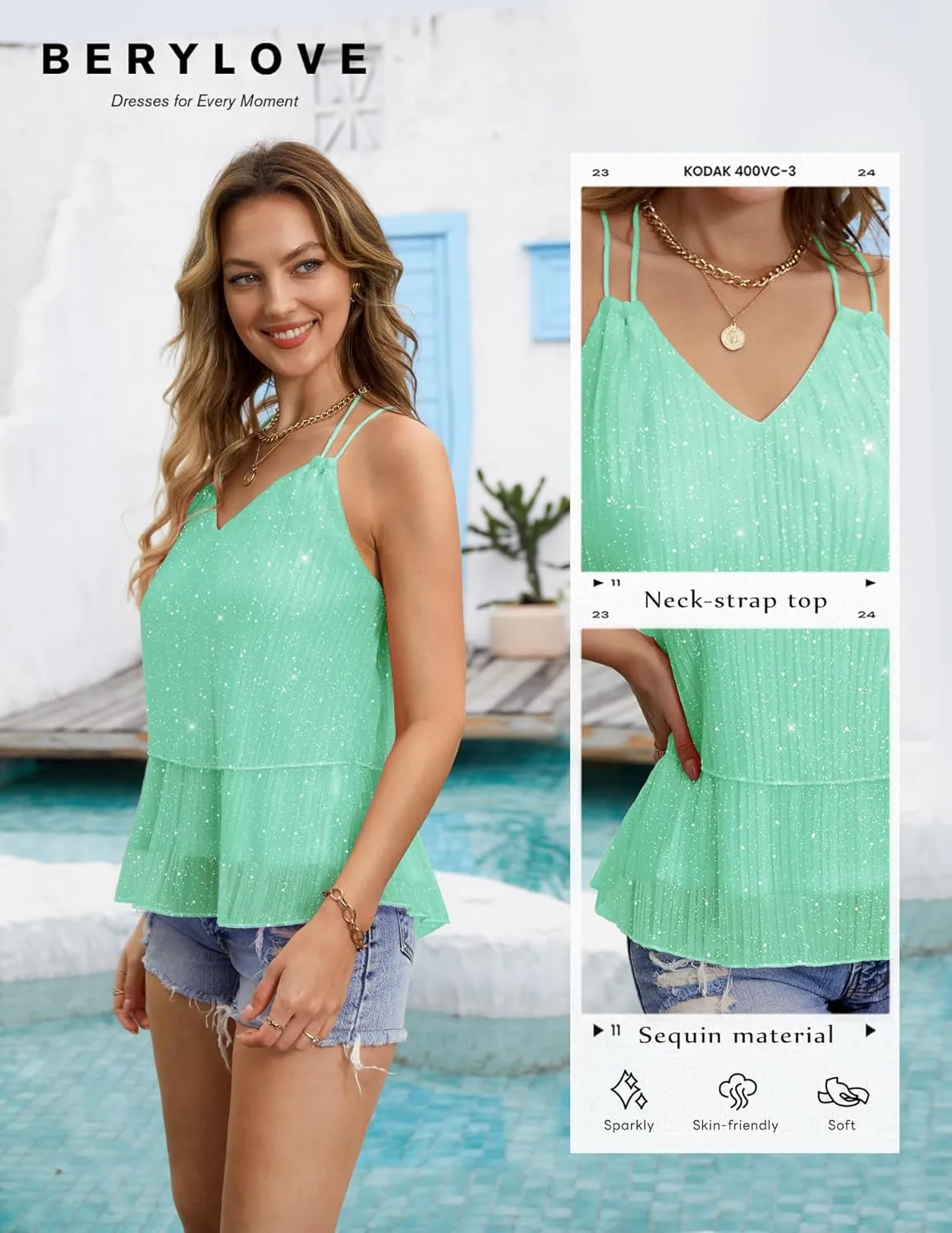 BeryLove Women's Sequin Tank Tops Spaghetti Straps V Neck Layered Ruffle Halter Camisole Blouses