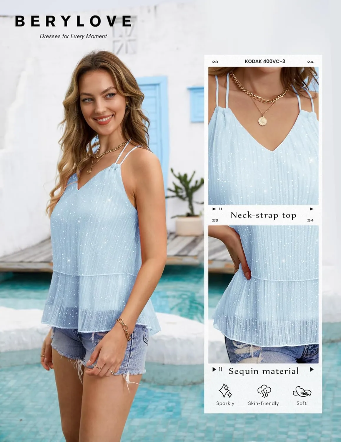 BeryLove Women's Sequin Tank Tops Spaghetti Straps V Neck Layered Ruffle Halter Camisole Blouses