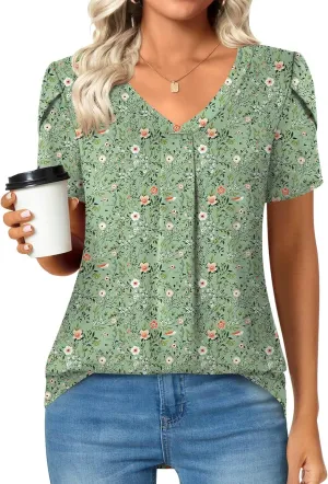 Bestbee Women's Plus Size Short Sleeve Blouses Summer Casual Loose Fit Tops V Neck Tunics