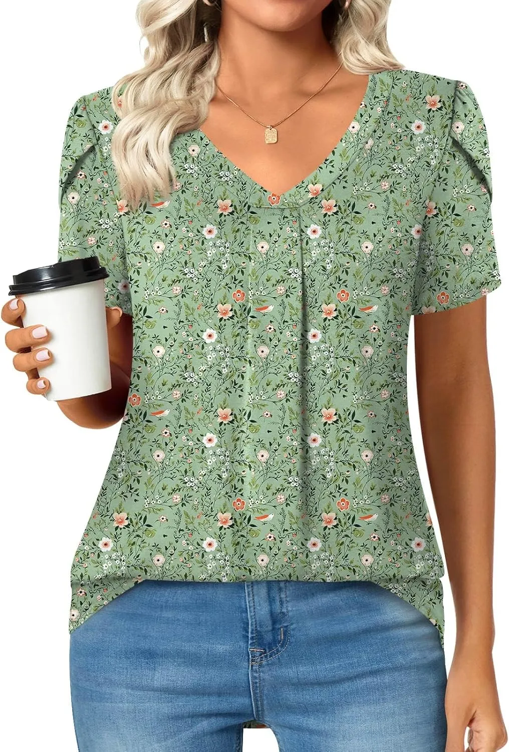 Bestbee Women's Plus Size Short Sleeve Blouses Summer Casual Loose Fit Tops V Neck Tunics