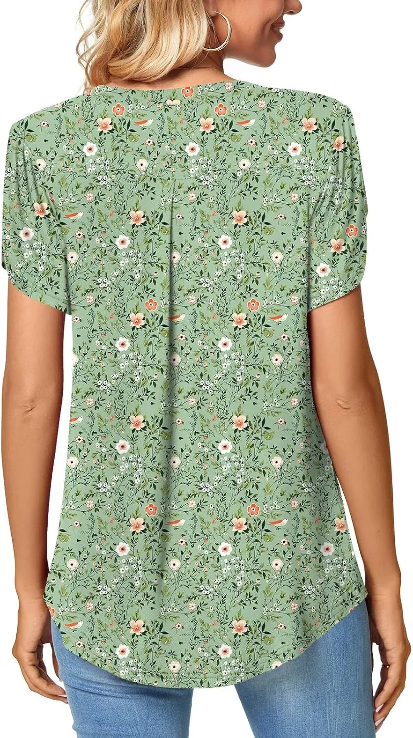 Bestbee Women's Plus Size Short Sleeve Blouses Summer Casual Loose Fit Tops V Neck Tunics