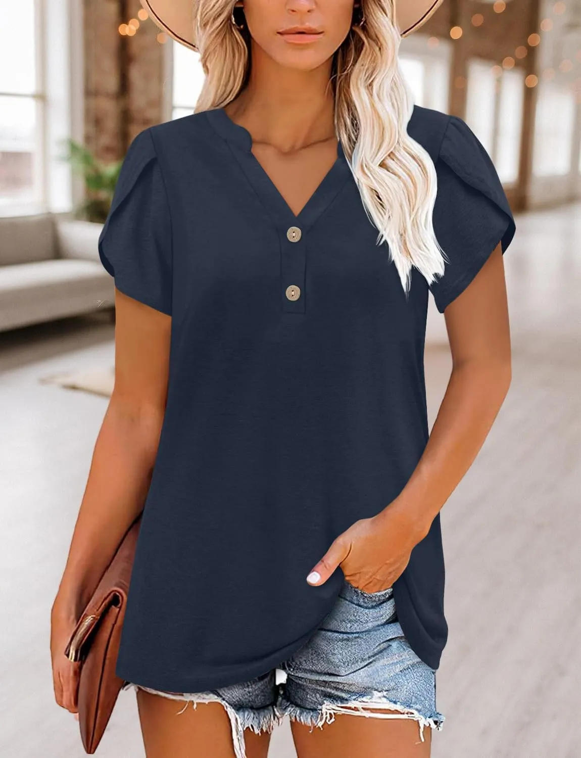 BETTE BOUTIK Womens Summer Shirts Short Sleeve V Neck Tunic Tops Casual Fashion Blouses