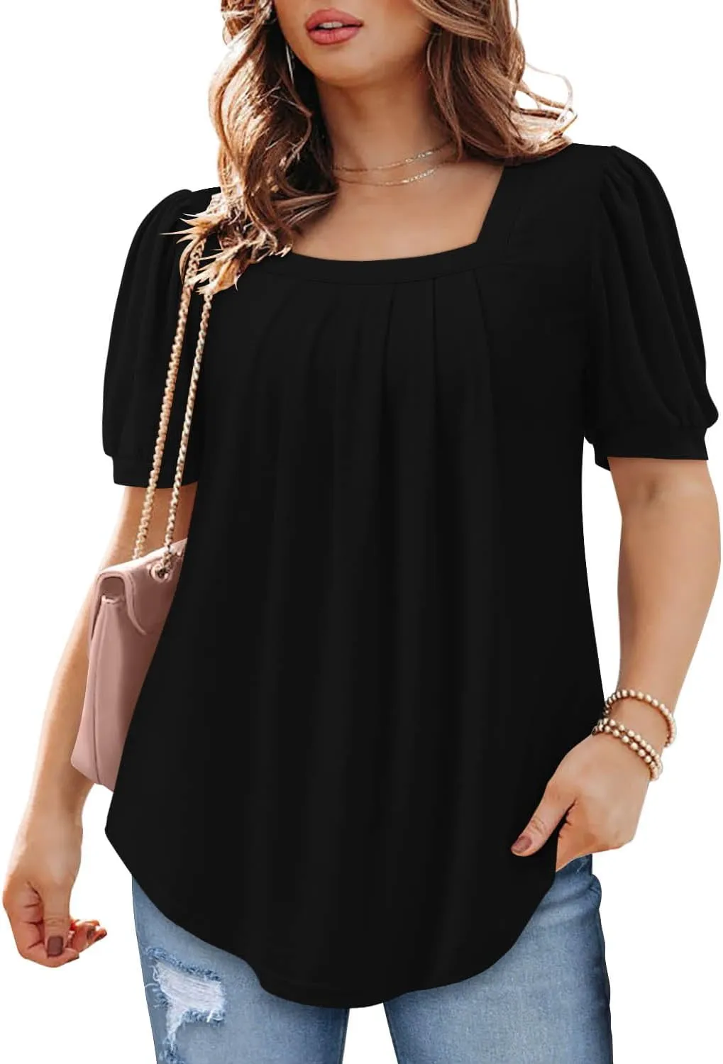 BETTE BOUTIK Womens Summer Tops Short Sleeve Pleated Square Neck Tunics Shirts Blouses S-3XL