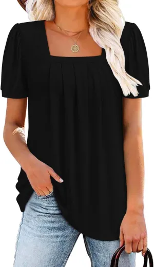 BETTE BOUTIK Womens Summer Tops Short Sleeve Pleated Square Neck Tunics Shirts Blouses S-3XL