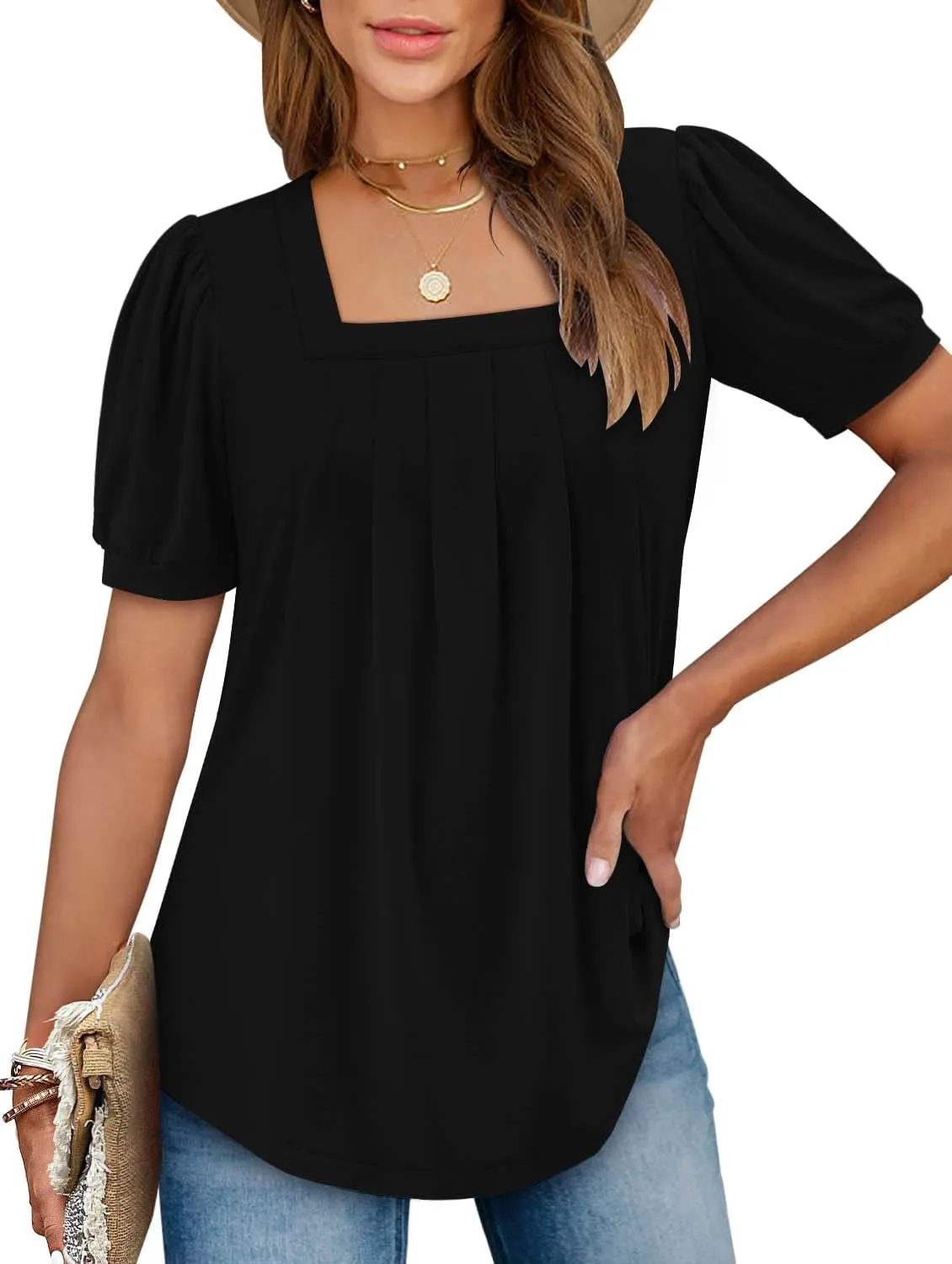 BETTE BOUTIK Womens Summer Tops Short Sleeve Pleated Square Neck Tunics Shirts Blouses S-3XL