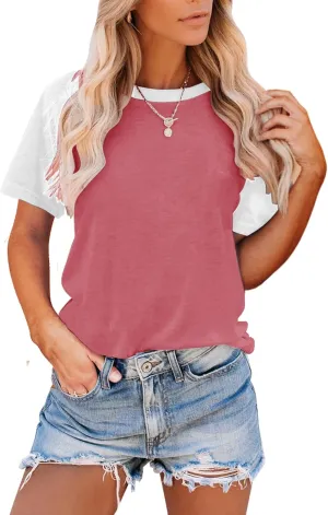 Bingerlily Women's Casual T-Shirts 3/4 Sleeve Color Block Cute Tops Comfy Blouses