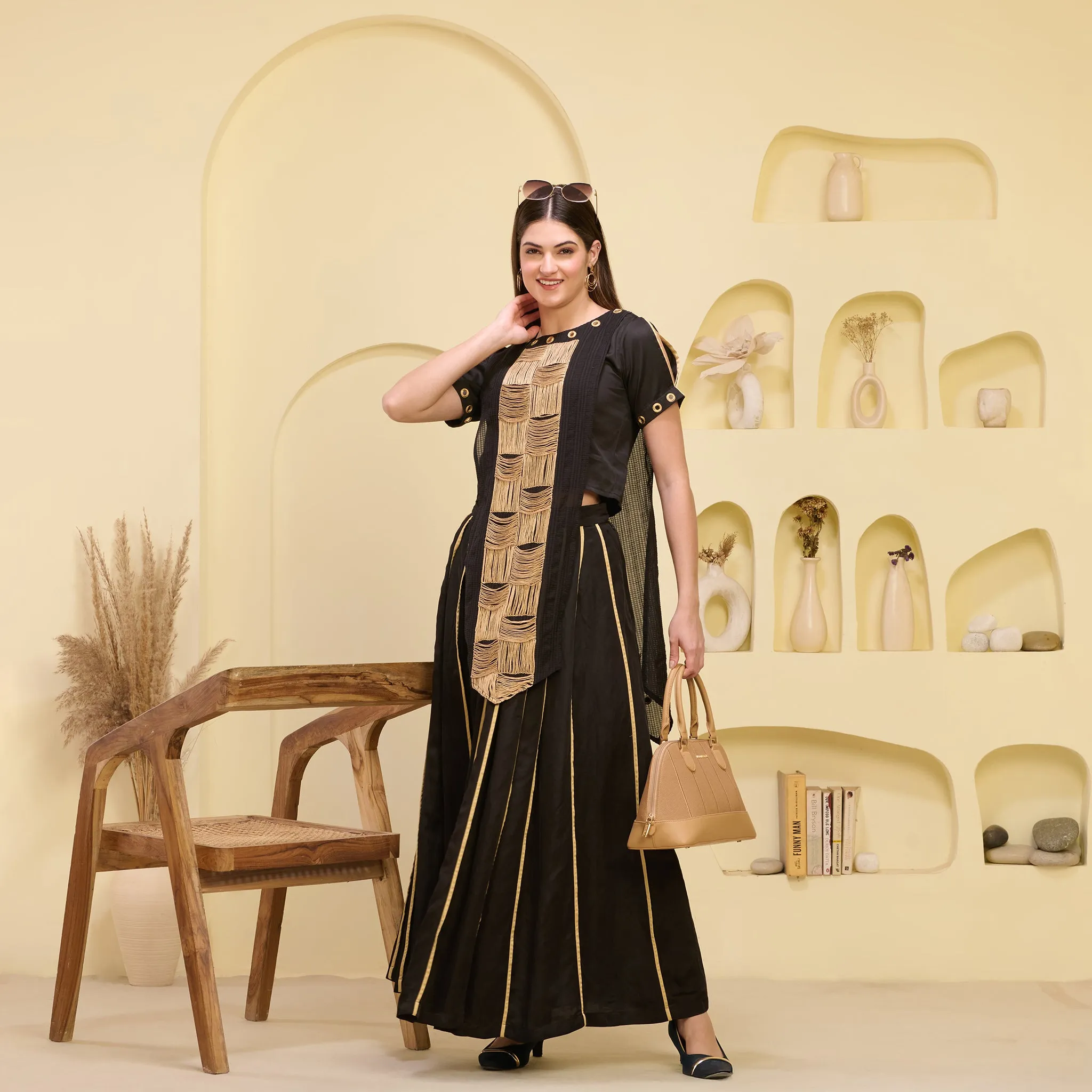 Black and Golden Hand Embroidered Asymmetric Top