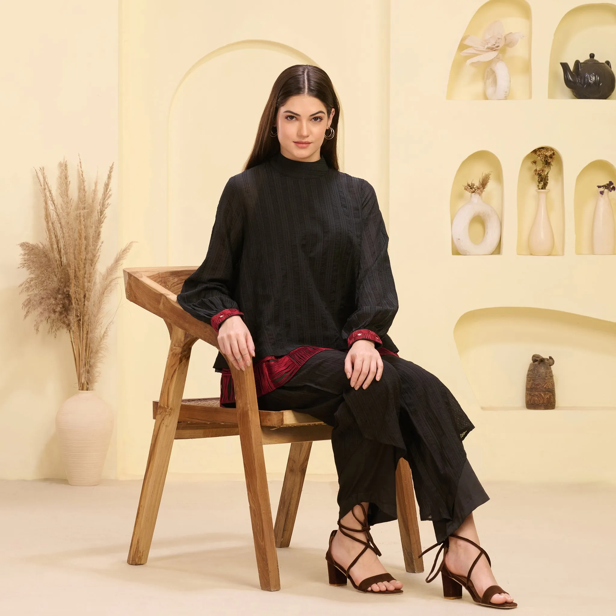 Black and Red Hand Embroidered High Neck Top