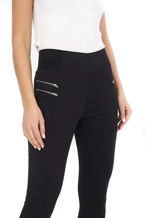 BLACK PANELLED DESIGN ZIP DETAIL LEGGINGS