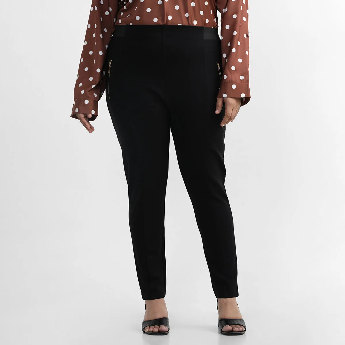 Black Zipper Detail Plus Size Tailored Trousers
