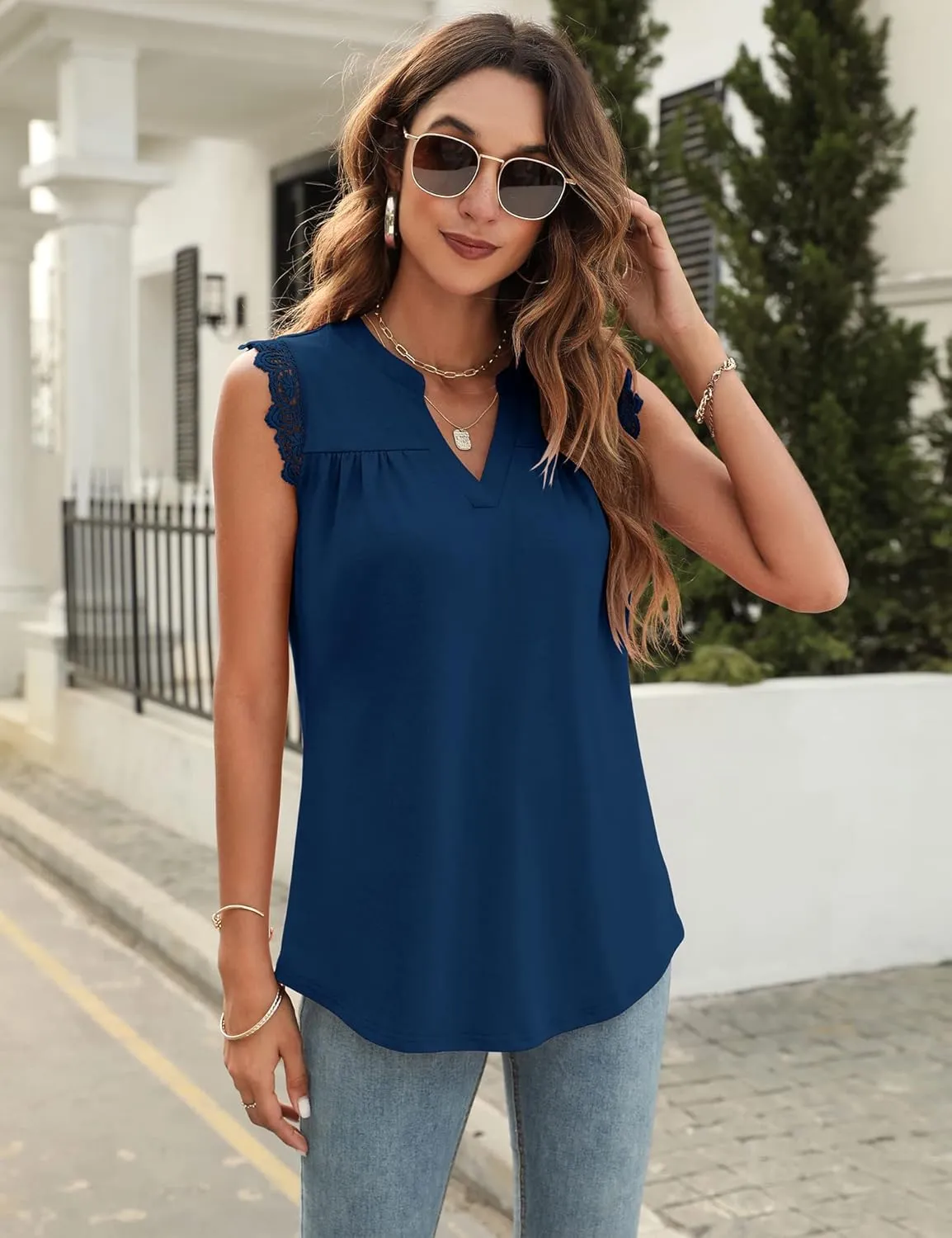 Blingfit Women's V Neck Guipure Lace Tank Tops Sleeveless Dressy Blouses Summer Casual Solid/Floral Tunic Shirts