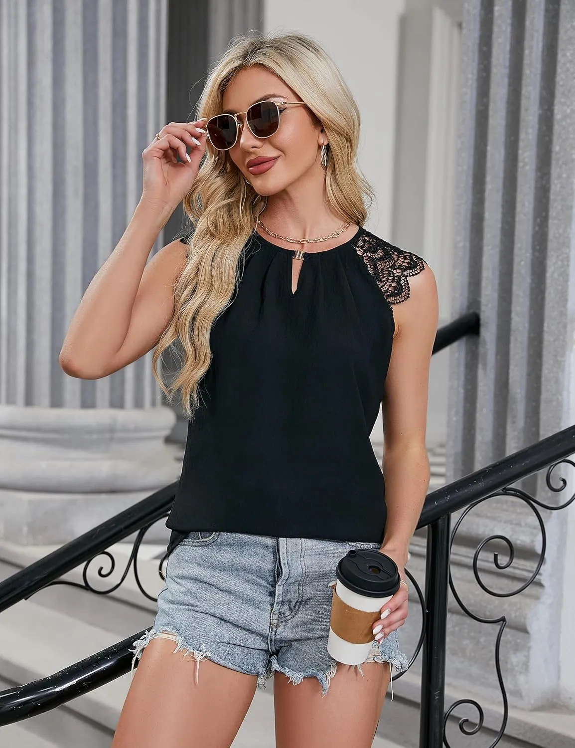 Blooming Jelly Women's Dressy Casual Blouses Business Work Outfits Summer Sleeveless Tank Top Lace Sleeve Keyhole Shirts