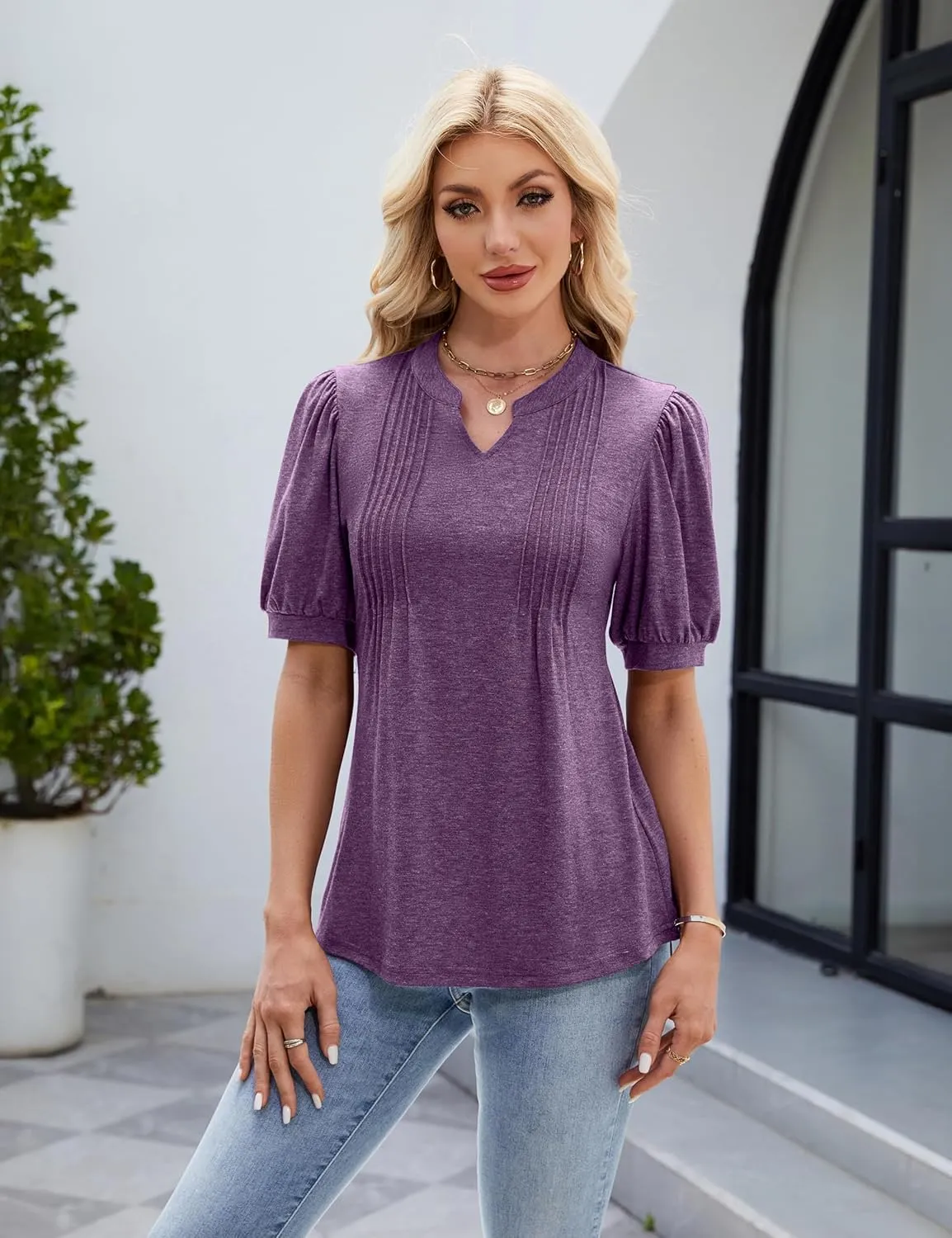 Blooming Jelly Womens Dressy Casual Tops Puff Sleeve Work Blouses Pleated V Neck T Shirts