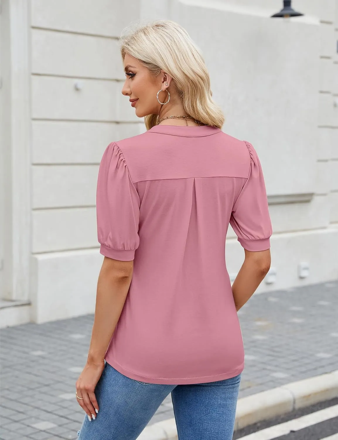 Blooming Jelly Womens Dressy Casual Tops Puff Sleeve Work Blouses Pleated V Neck T Shirts