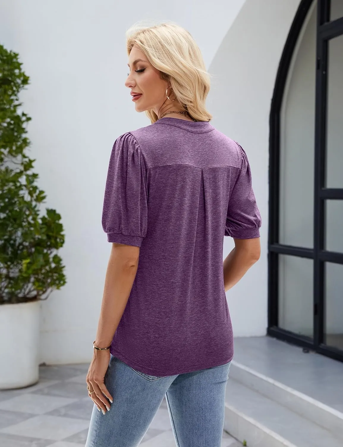 Blooming Jelly Womens Dressy Casual Tops Puff Sleeve Work Blouses Pleated V Neck T Shirts