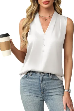 Blooming Jelly Womens Dressy Tank Tops Summer Sleeveless Work Blouses Silk Satin V Neck Shirts Business Casual Outfits