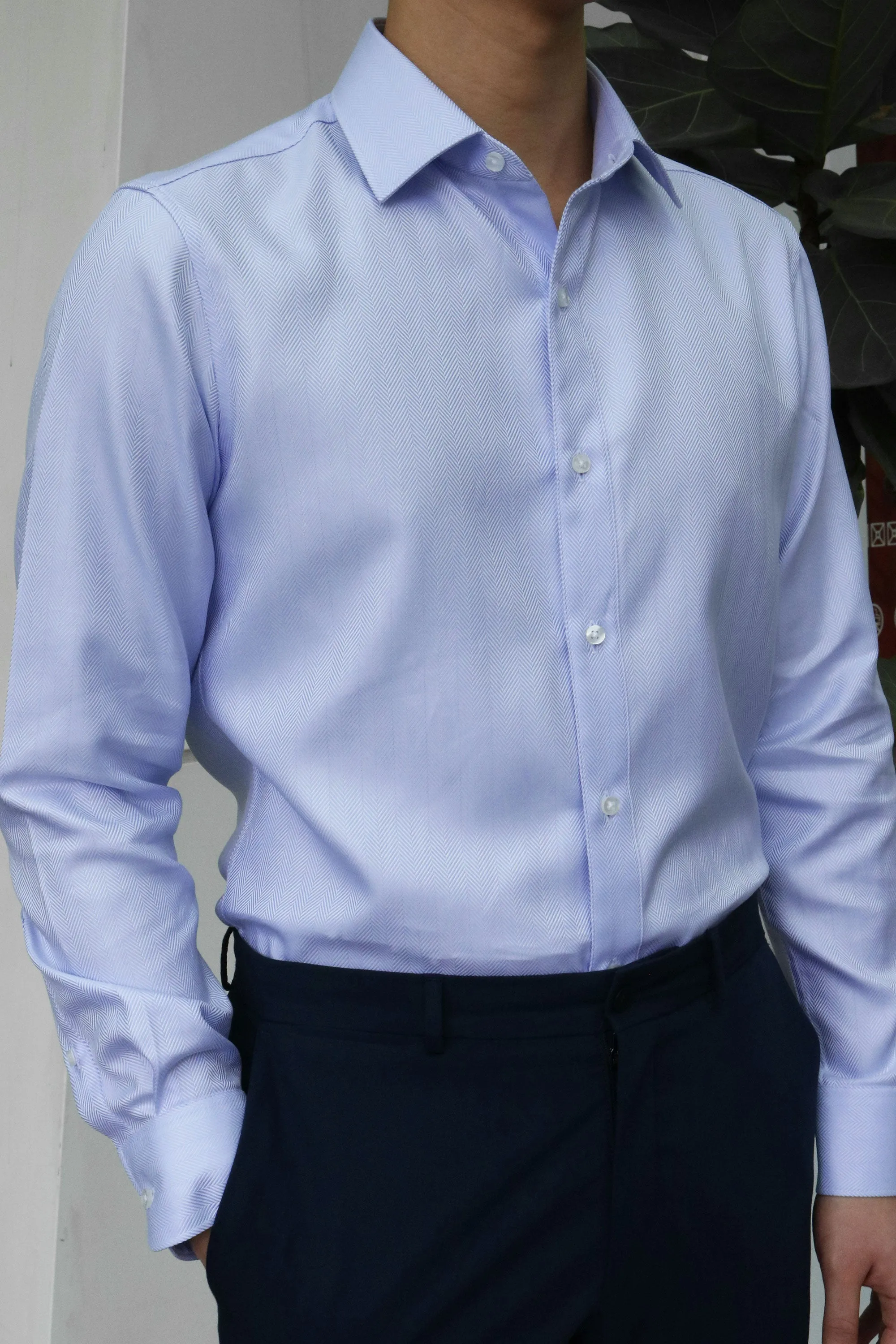 Blue Herringbone Men's Long Sleeve Business Shirt