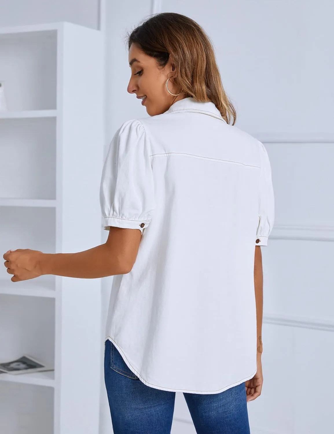 BMJL Womens Denim Shirt Business Casual Button Down Work Blouses Puff Sleeve Summer Tops