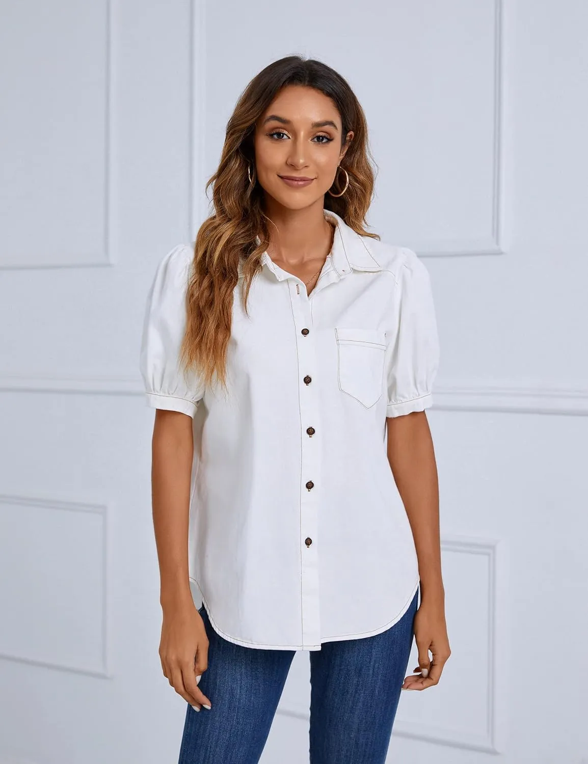 BMJL Womens Denim Shirt Business Casual Button Down Work Blouses Puff Sleeve Summer Tops