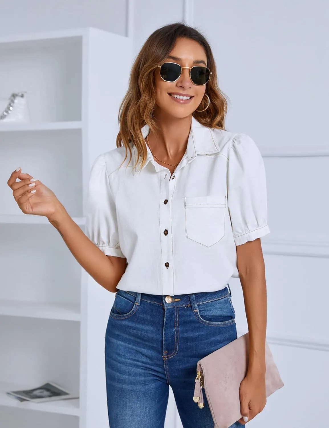 BMJL Womens Denim Shirt Business Casual Button Down Work Blouses Puff Sleeve Summer Tops