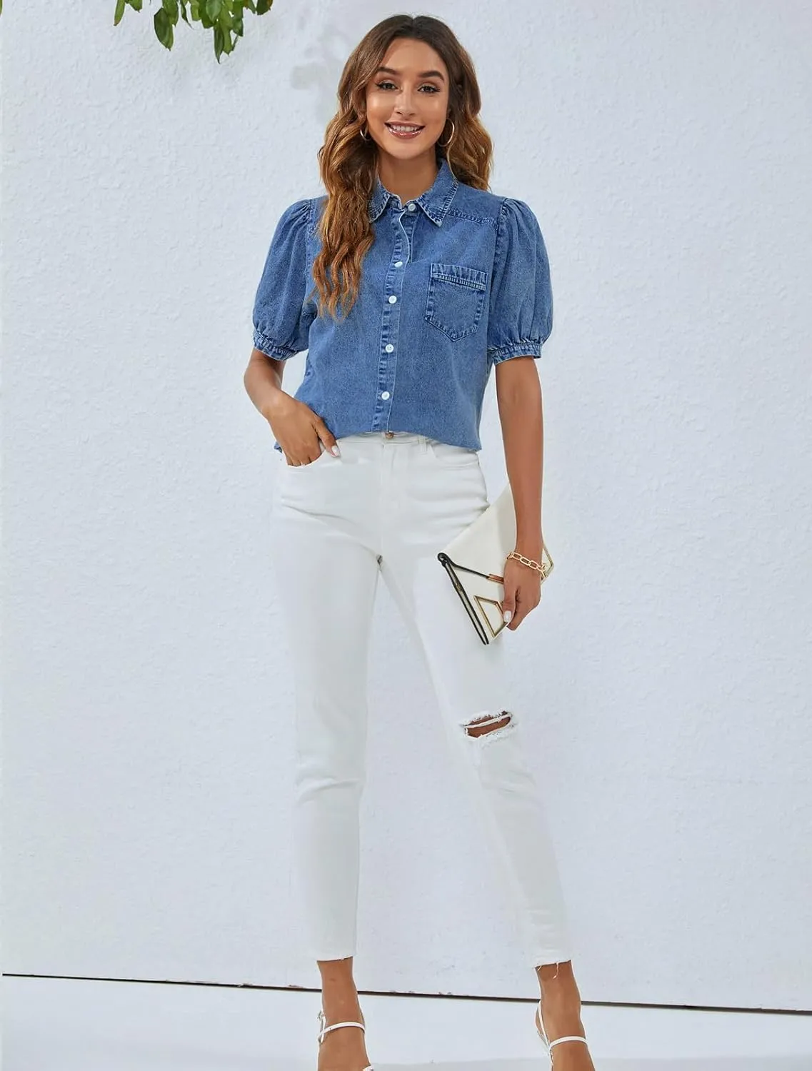 BMJL Womens Denim Shirt Business Casual Button Down Work Blouses Puff Sleeve Summer Tops
