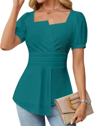 BMJL Women's Dressy Casual Blouses Business Casual Tops 2025 Summer Short Sleeve Work Shirt Smocked Back