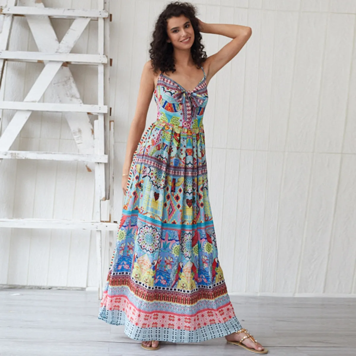 Bohemian Cartoon Printed Strap Maxi V Neck Vintage Chic Summer Beach Casual Ladies Sexy Dress