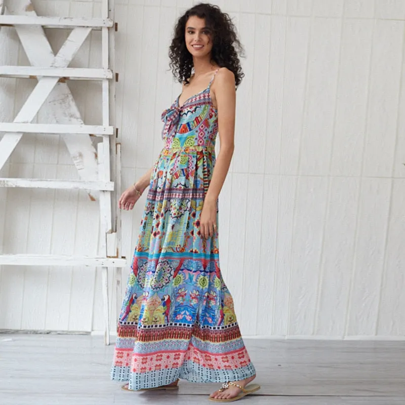 Bohemian Cartoon Printed Strap Maxi V Neck Vintage Chic Summer Beach Casual Ladies Sexy Dress