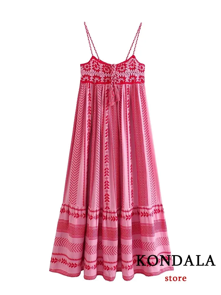 Bohemian Flower Print Knit Corset Long Cami Dress Bow Tie Embroidered Ruffles Summer Dress New Fashion