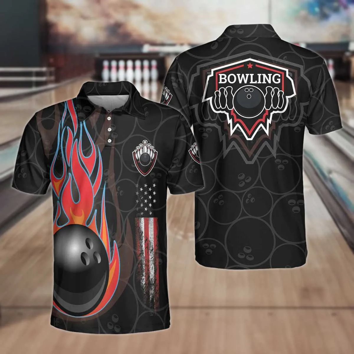 Bowling Men Polo Shirt - Bowling In Fire And American Flag Polo Shirt, Best Bowling Shirt For Men - Perfect Gift For Friend, Family, Bowling Lovers