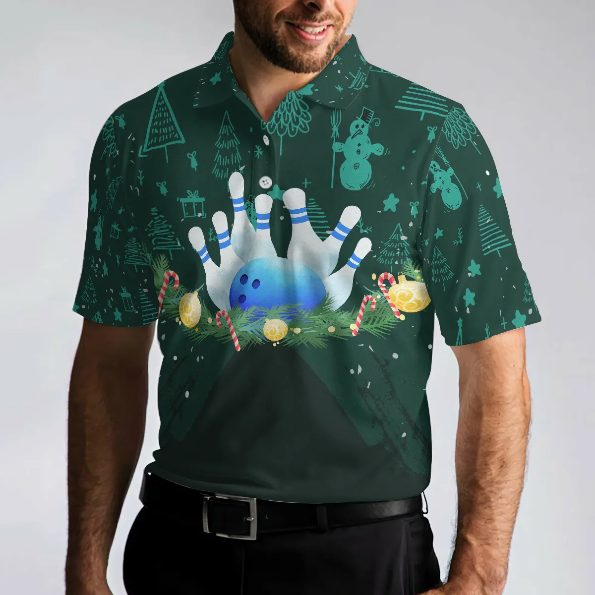Bowling Men Polo Shirt - Christmas Wreath With Bowling Balls Men Polo Shirts, Christmas Pattern Shirt For Men - Perfect Gift For Friend, Family, Bowling Lovers