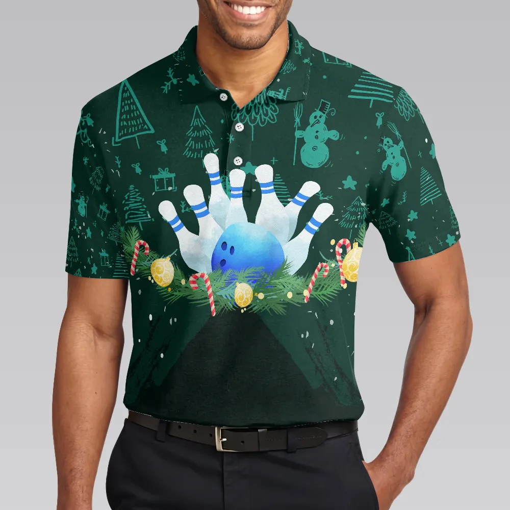Bowling Men Polo Shirt - Christmas Wreath With Bowling Balls Men Polo Shirts, Christmas Pattern Shirt For Men - Perfect Gift For Friend, Family, Bowling Lovers