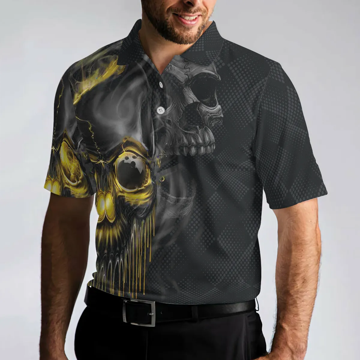 Bowling Men Polo Shirt - Scary Halloween Gift Idea For Male Bowlers, Skull Bowling Polo Shirt - Perfect Gift For Friend, Family, Bowling Lovers